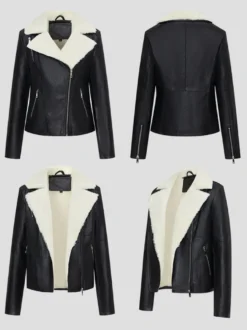 Veste de moto doublée polaire large revers en peau lainée fermeture éclair asymétrique manteau chaud en similicuir