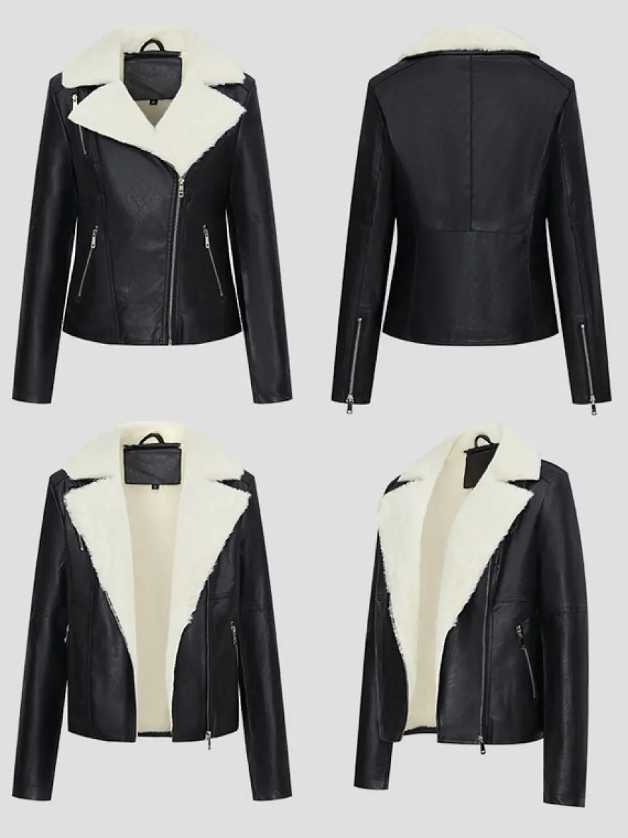 Veste de moto doublée polaire large revers en peau lainée fermeture éclair asymétrique manteau chaud en similicuir