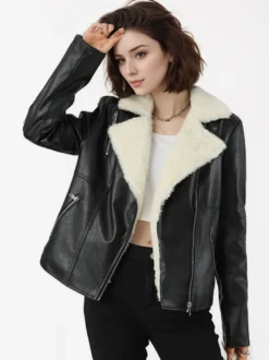 Veste de moto doublée polaire large revers en peau lainée fermeture éclair asymétrique manteau chaud en similicuir