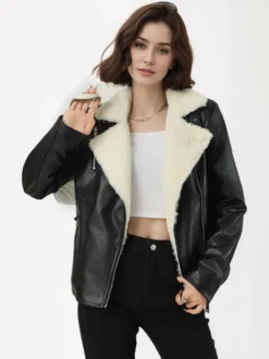 Veste de moto doublée polaire large revers en peau lainée fermeture éclair asymétrique manteau chaud en similicuir