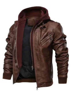 Veste de moto en cuir pour homme Veste en cuir à capuche zippée