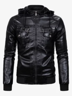 Veste en cuir pour homme coupe-vent décontracté à col montant avec poches zippées