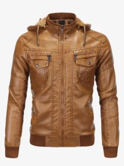 Veste en cuir pour homme coupe-vent décontracté à col montant avec poches zippées