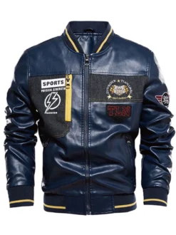 Veste en cuir pour homme simple zippée imprimée col montant coupe-vent veste bomber