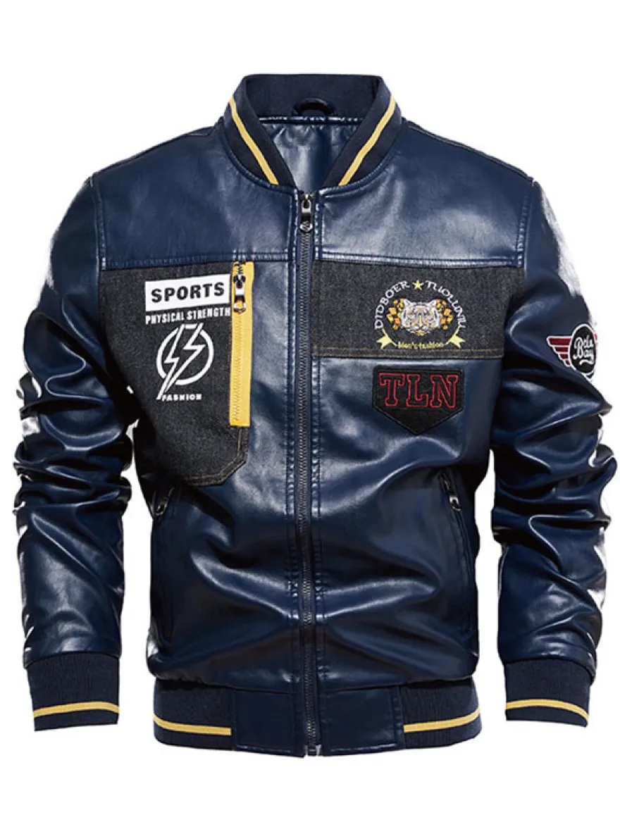 Veste en cuir pour homme simple zippée imprimée col montant coupe-vent veste bomber