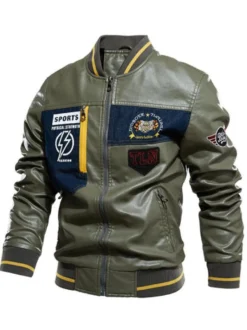 Veste en cuir pour homme simple zippée imprimée col montant coupe-vent veste bomber