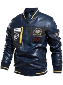 Veste en cuir pour homme simple zippée imprimée col montant coupe-vent veste bomber