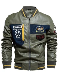 Veste en cuir pour homme simple zippée imprimée col montant coupe-vent veste bomber
