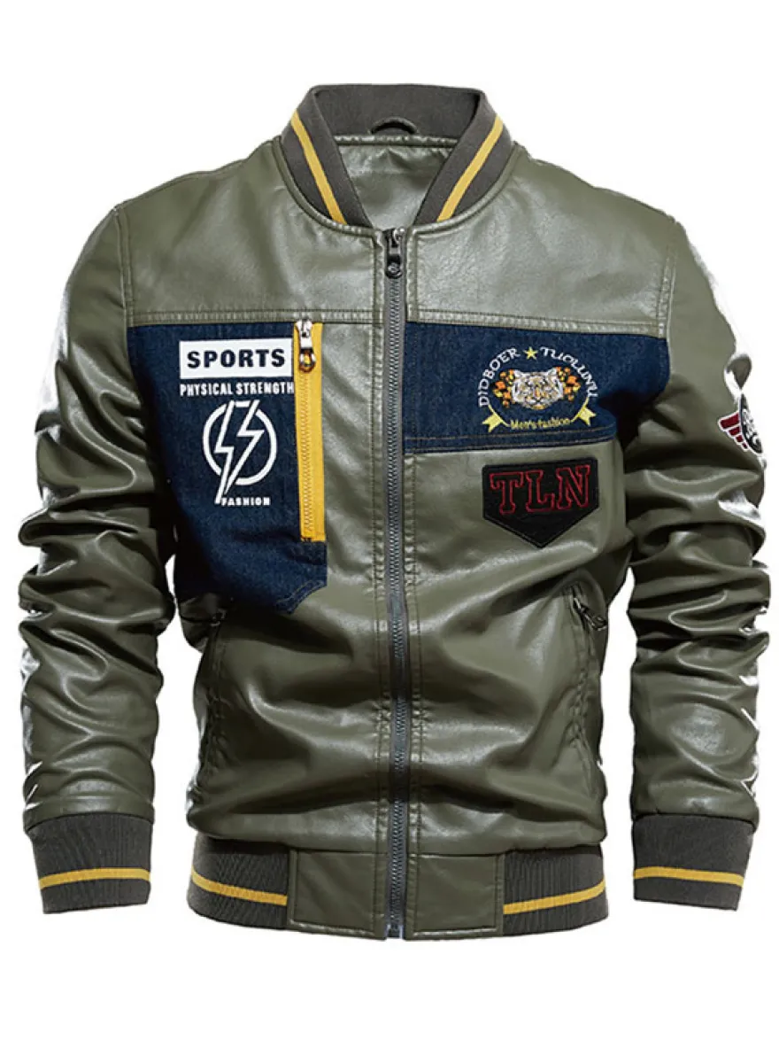Veste en cuir pour homme simple zippée imprimée col montant coupe-vent veste bomber