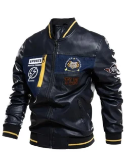 Veste en cuir pour homme simple zippée imprimée col montant coupe-vent veste bomber
