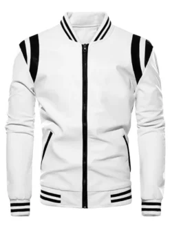 Veste en cuir unisexe grande taille pour homme couleur unie rayée fermeture éclair col montant vestes de moto