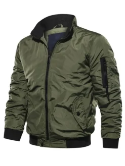 Veste en jean homme polyester col montant moderne manches longues vert chasseur veste coupe classique