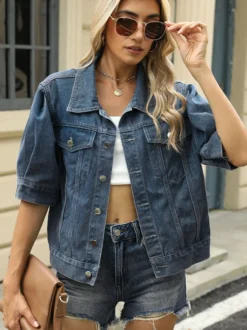 Veste en jean à manches bouffantes pour femme - Manteau trucker court rétro à manches courtes - Streetwear été printemps 2026