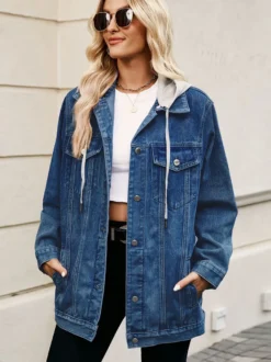 Veste en jean oversize à capuche pour femme - Manteau trucker long coupe boyfriend effet usé - Streetwear chic printemps 2026