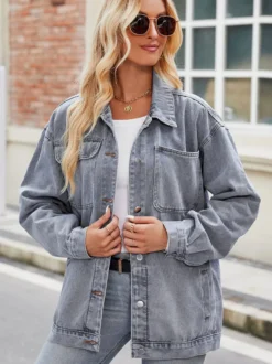 Veste en jean oversize vintage pour femme - Coupe ample revers et boutons - Style trucker - Collection printemps-été 2026