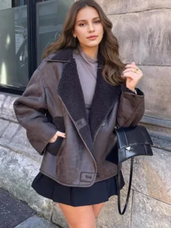 Veste en similicuir aux tons Maillard Revers en fausse peau de mouton Vêtements d'extérieur de printemps surdimensionnés pour femmes 2026