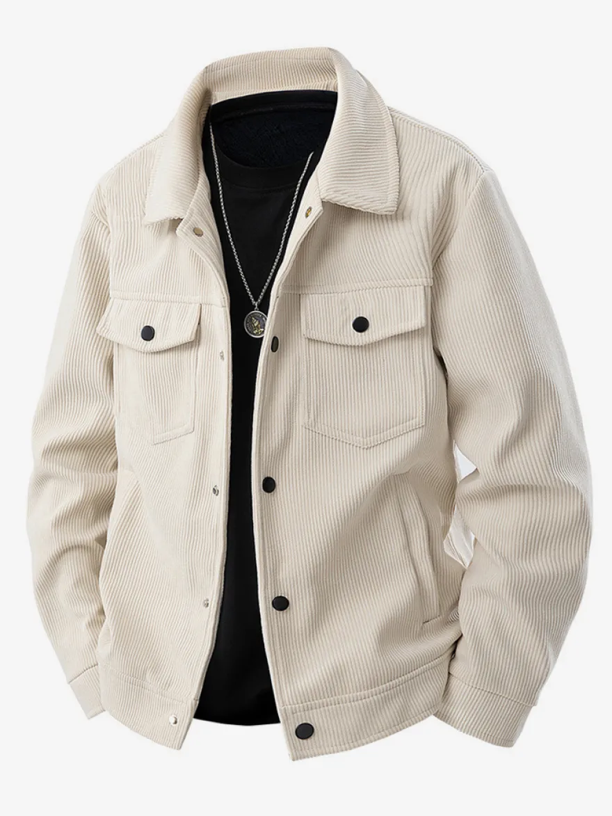7. Veste en velours côtelé pour homme manches longues poches poitrine à rabat et poches latérales coupe-vent et durable style rétro