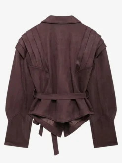 Veste portefeuille en suédine pour femme - Blazer marron tailleur coupe sablier épaules structurées - Collection printemps chic streetwear 2026
