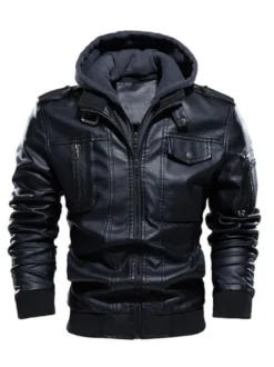Vestes en cuir pour hommes avec poches zippées et coupe-vent à capuche