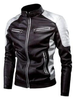 Vestes en cuir pour hommes en cuir PU coupe-vent en patchwork noir manteaux d'hiver