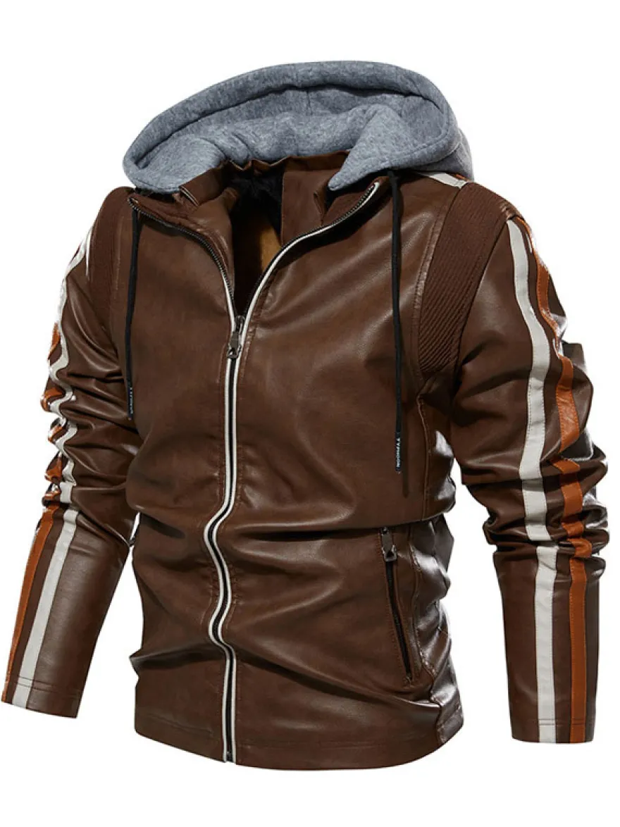 Vestes en cuir pour hommes Vestes de bombardier moto confortables à capuche et fermeture éclair à blocs de couleurs