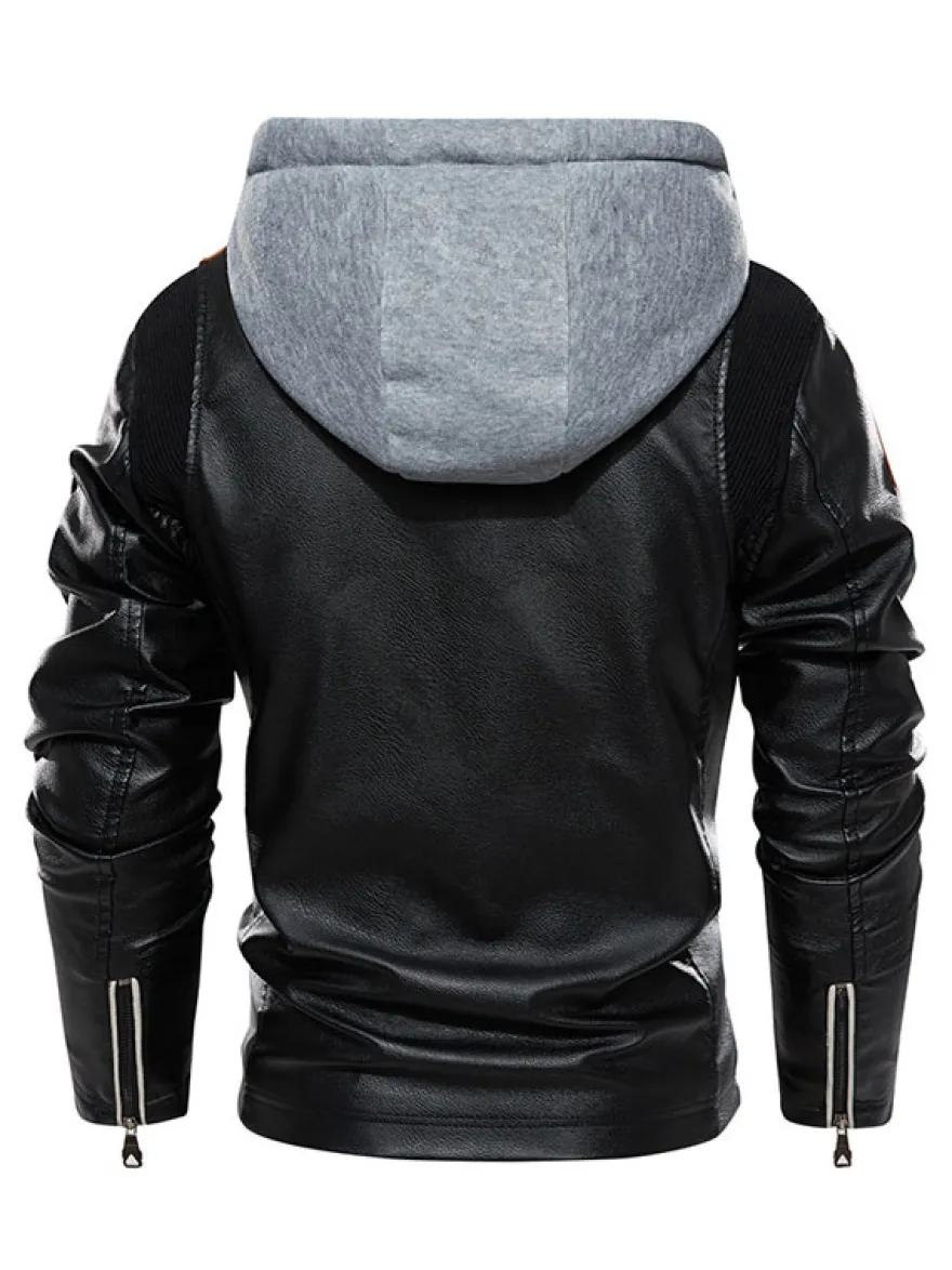 Vestes en cuir pour hommes Vestes de bombardier moto confortables à capuche et fermeture éclair à blocs de couleurs