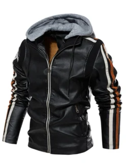 Vestes en cuir pour hommes Vestes de bombardier moto confortables à capuche et fermeture éclair à blocs de couleurs