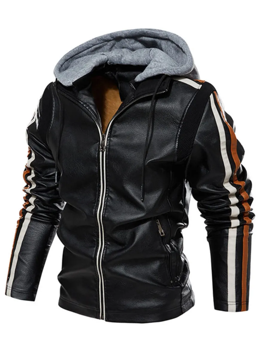 Vestes en cuir pour hommes Vestes de bombardier moto confortables à capuche et fermeture éclair à blocs de couleurs