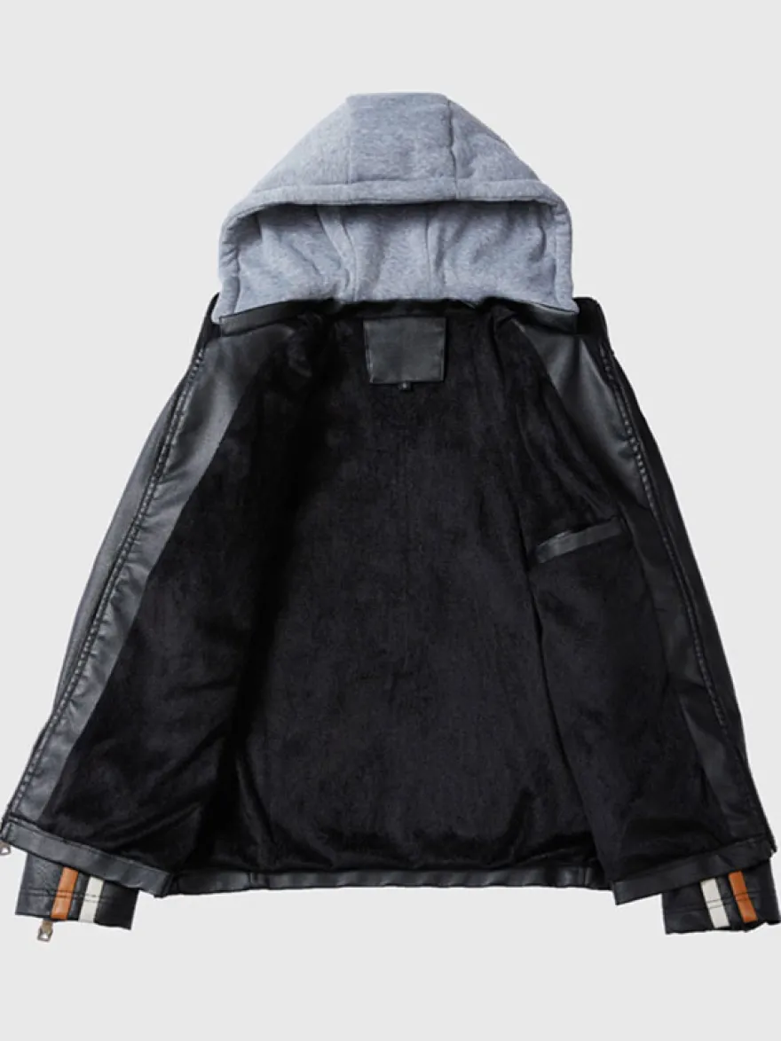 Vestes en cuir pour hommes Vestes de bombardier moto confortables à capuche et fermeture éclair à blocs de couleurs