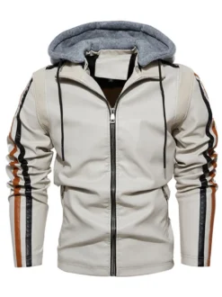 Vestes en cuir pour hommes Vestes de bombardier moto confortables à capuche et fermeture éclair à blocs de couleurs