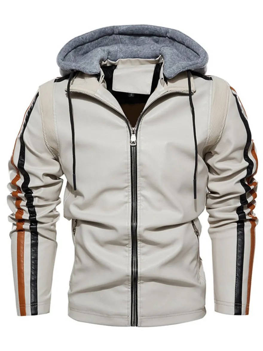 Vestes en cuir pour hommes Vestes de bombardier moto confortables à capuche et fermeture éclair à blocs de couleurs