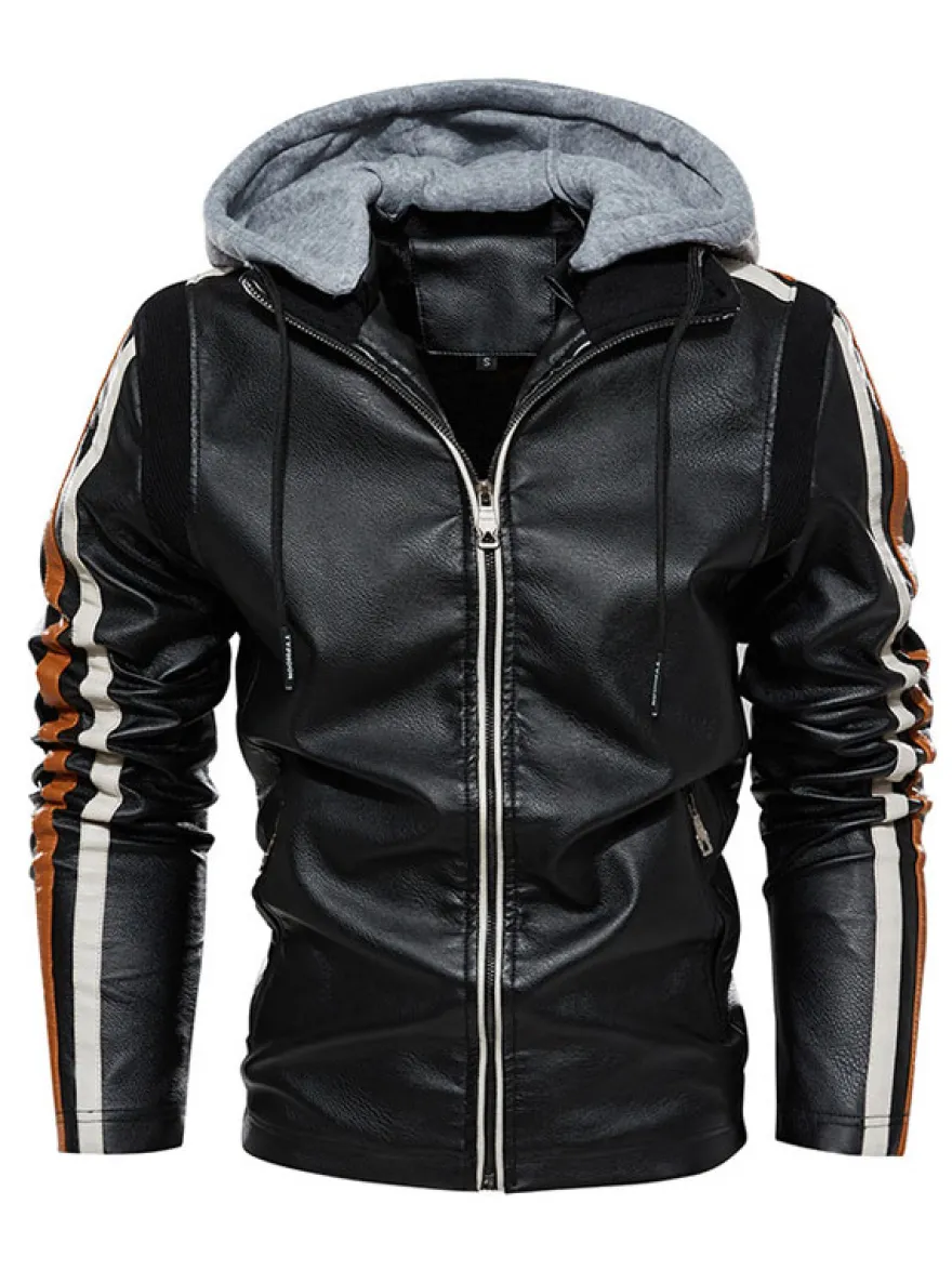 Vestes en cuir pour hommes Vestes de bombardier moto confortables à capuche et fermeture éclair à blocs de couleurs