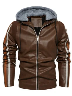 Vestes en cuir pour hommes Vestes de bombardier moto confortables à capuche et fermeture éclair à blocs de couleurs