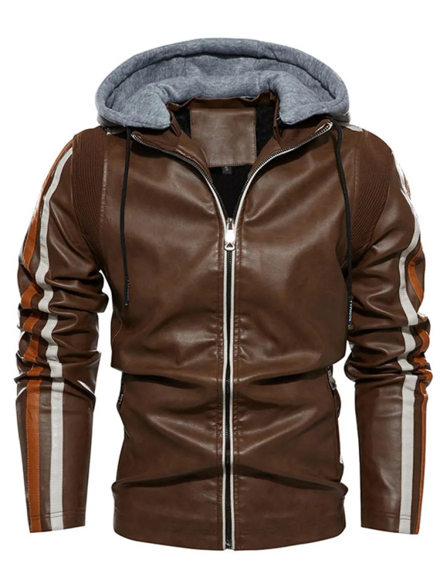 Vestes en cuir pour hommes Vestes de bombardier moto confortables à capuche et fermeture éclair à blocs de couleurs
