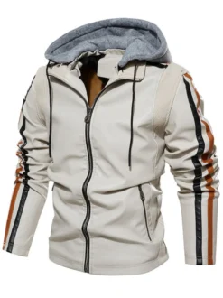 Vestes en cuir pour hommes Vestes de bombardier moto confortables à capuche et fermeture éclair à blocs de couleurs