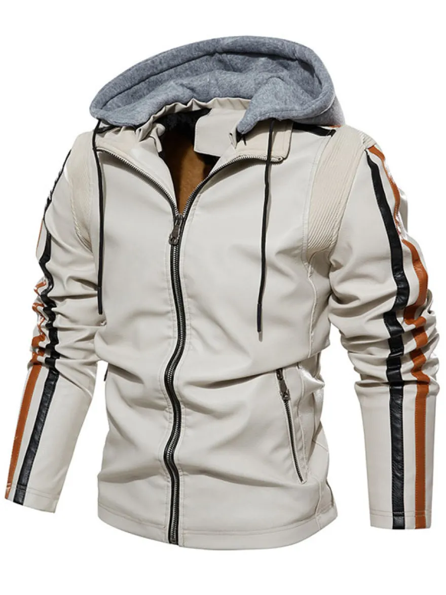 Vestes en cuir pour hommes Vestes de bombardier moto confortables à capuche et fermeture éclair à blocs de couleurs