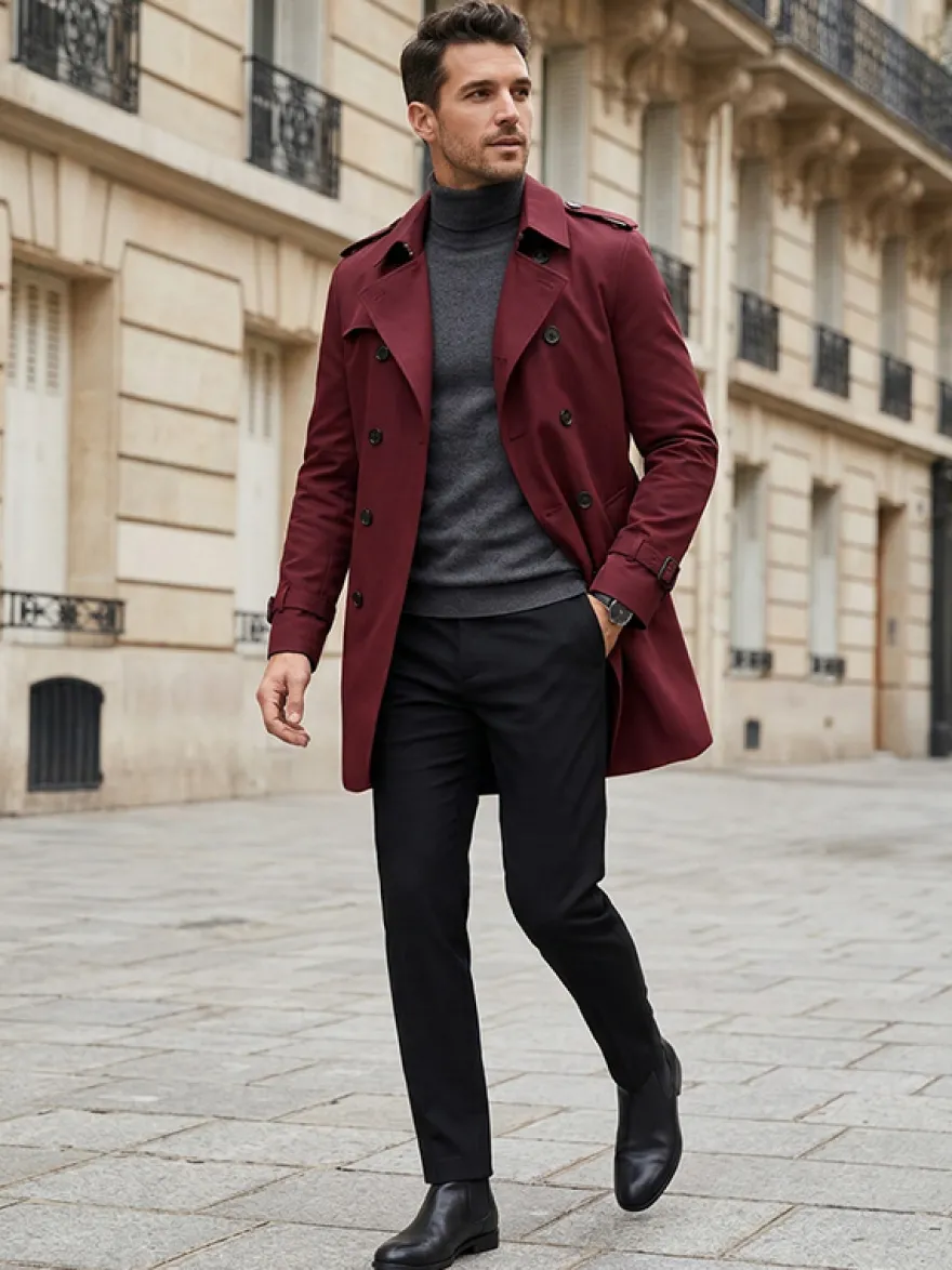Vestes Hommes Manteaux Col Rabattu Confortable Bleu Foncé Double Boutonnage