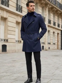 Vestes Hommes Manteaux Col Rabattu Confortable Bleu Foncé Double Boutonnage