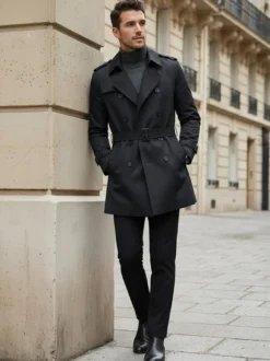 Vestes Hommes Manteaux Col Rabattu Confortable Bleu Foncé Double Boutonnage