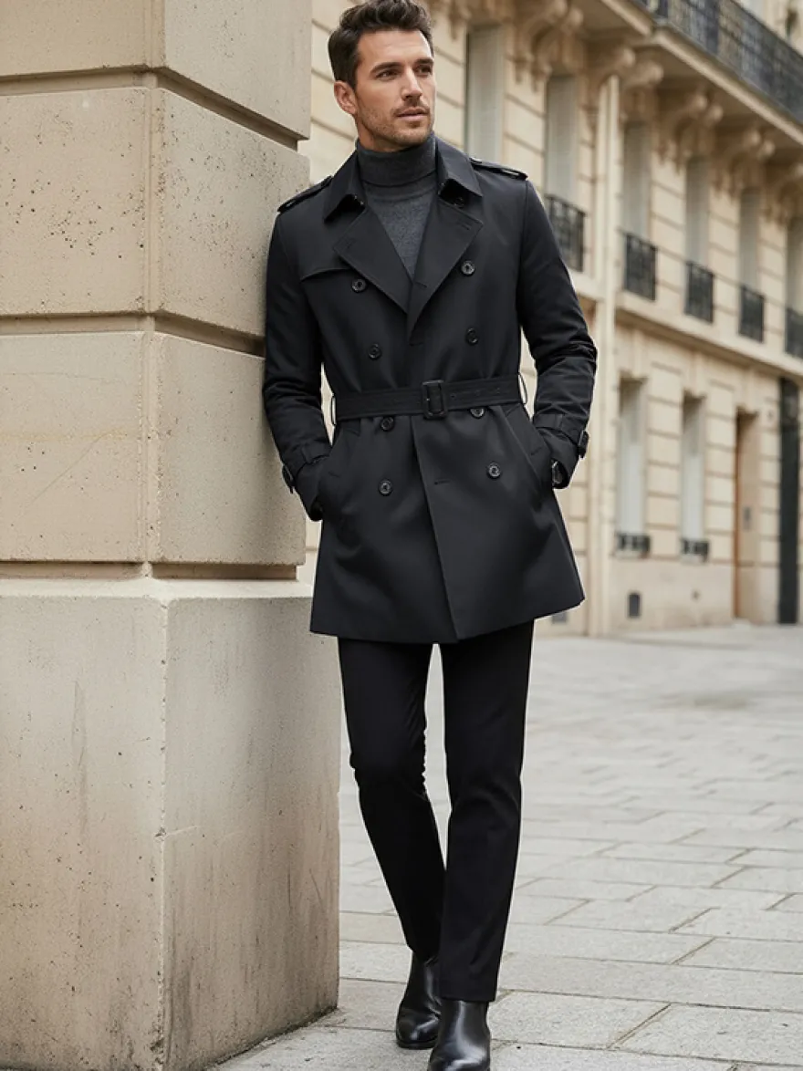 Vestes Hommes Manteaux Col Rabattu Confortable Bleu Foncé Double Boutonnage