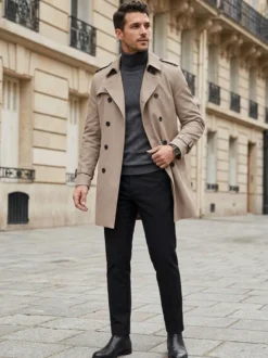 Vestes Hommes Manteaux Col Rabattu Confortable Bleu Foncé Double Boutonnage