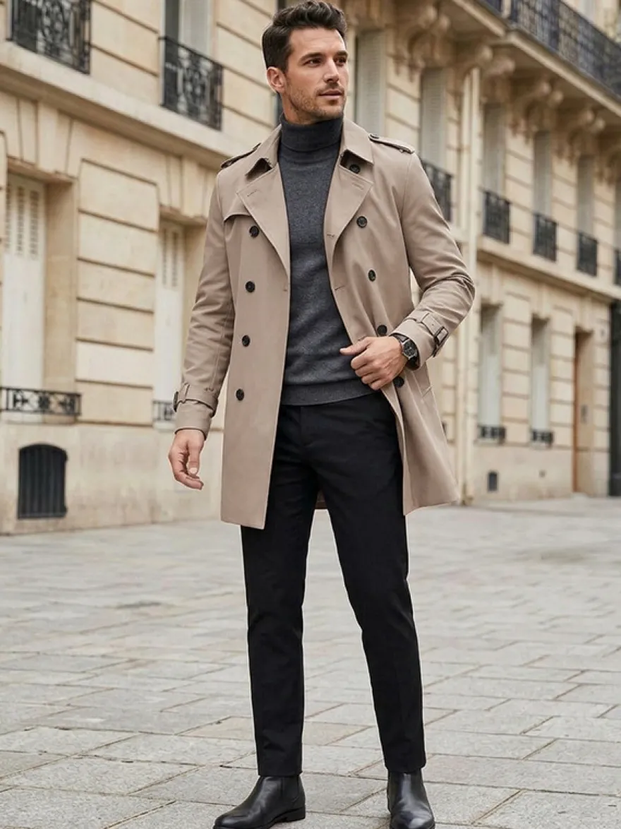 Vestes Hommes Manteaux Col Rabattu Confortable Bleu Foncé Double Boutonnage