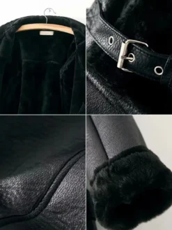 Vestes Manteau Moto Femmes à Cuir Synthétique Cousu Fausse Fourrure à Col Revers avec Manches Longues avec Poches Unicolore