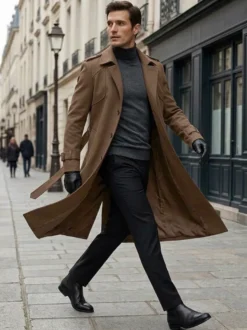 Vestes Pour Hommes Manteaux Long Col Rabattu Confortable Camel