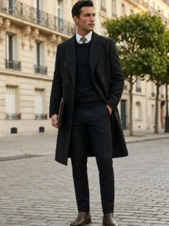 Vestes Pour Hommes Manteaux Long Double Boutonnage Col Rabattu Chic Noir
