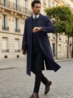 Vestes Pour Hommes Manteaux Long Double Boutonnage Col Rabattu Chic Noir