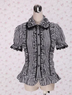 Vichy blanc noir Lolita Blouse manches courtes volants dentelle Déguisements Halloween