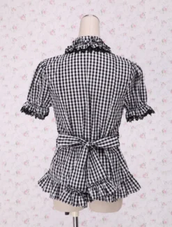 Vichy blanc noir Lolita Blouse manches courtes volants dentelle Déguisements Halloween