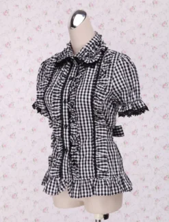 Vichy blanc noir Lolita Blouse manches courtes volants dentelle Déguisements Halloween