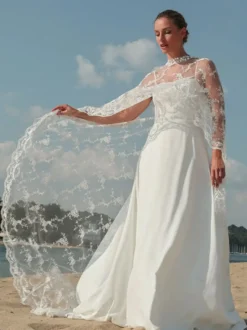 Voile de mariage à un niveau avec bordure en dentelle et fleurs